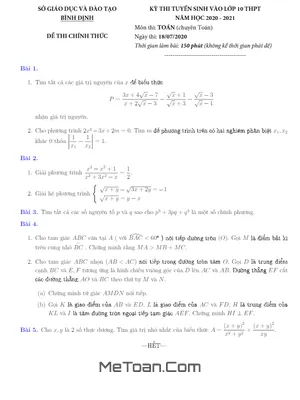Đề thi Tuyển sinh Lớp 10 Chuyên Toán Sở GD&ĐT Bình Định Năm học 2020 - 2021