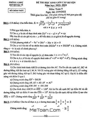 Đề thi học sinh giỏi lớp 9 môn Toán cấp huyện năm 2022 - 2023, phòng GD&ĐT Ba Vì - Hà Nội