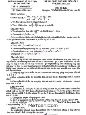Đề thi chọn học sinh giỏi Toán 9 năm 2024 - 2025 phòng GD&ĐT Vinh - Nghệ An