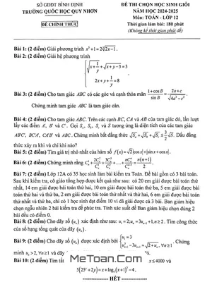 Đề chọn học sinh giỏi Toán 12 năm 2024 - 2025 trường Quốc Học Quy Nhơn - Bình Định
