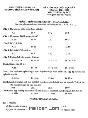 Đề Thi Cuối Kỳ 1 Toán Lớp 6 Năm 2024 - 2025 Trường THCS Châu Văn Liêm - TP HCM