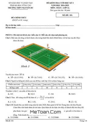 Đề thi học kỳ 1 Toán 12 năm 2024 - 2025 trường THPT Nguyễn Du - BR VT