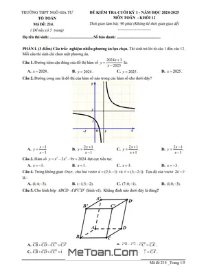Đề thi cuối kỳ 1 Toán 12 năm 2024 - 2025 trường THPT Ngô Gia Tự - Phú Yên