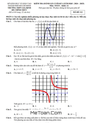 Đề thi học kì 1 Toán 12 năm 2024 - 2025 trường THPT Gia Định - TP HCM