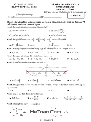 Tải Đề Thi Giữa Kì 1 Toán 11 Năm 2025-2026 THPT Thái Phiên (Hải Phòng) Có Đáp Án Chi Tiết