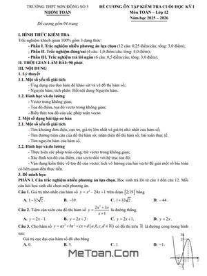Đề Cương Ôn Tập Cuối Học Kỳ 1 Môn Toán 12 Năm Học 2025 – 2026 Trường THPT Sơn Động 3 – Bắc Ninh