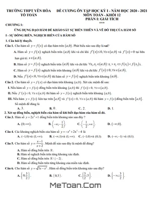 Đề Cương Ôn Tập Học Kỳ 1 Toán 12 Năm 2020 - 2021 Trường THPT Yên Hòa - Hà Nội