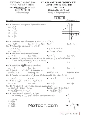 Đề Thi Học Kỳ 1 Toán 12 năm 2023 - 2024 trường THPT Trần Phú - TP.HCM (Có Đáp Án)