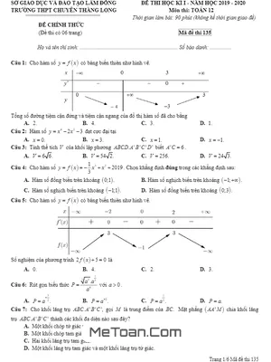 Đề thi HK1 Toán 12 năm 2019 - 2020 trường chuyên Thăng Long - Lâm Đồng