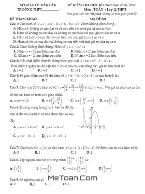 Đề thi HK1 Toán 12 năm 2016 - 2017 Sở GD&ĐT Đắk Lắk (Có đáp án)