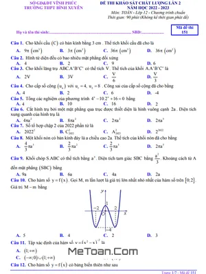 Đề khảo sát lần 2 Toán 12 năm 2022 – 2023 trường THPT Bình Xuyên – Vĩnh Phúc