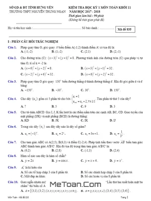Đề thi học kì 1 Toán 11 năm 2017 - 2018 trường THPT Nguyễn Trung Ngạn - Hưng Yên (có đáp án)