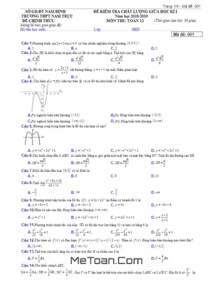 Đề thi giữa kì 1 Toán 12 năm 2018 – 2019 trường THPT Nam Trực – Nam Định