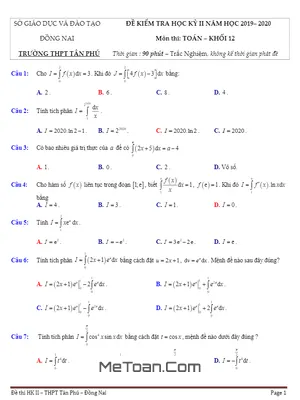 Đề thi HK2 Toán 12 năm 2019 - 2020 trường THPT Tân Phú - Đồng Nai