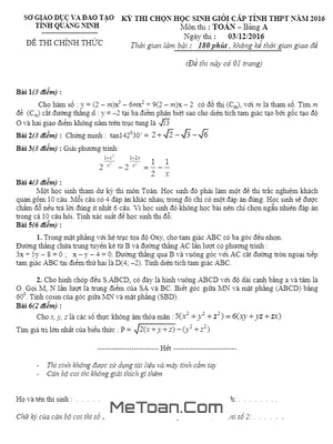 Đề thi chọn học sinh giỏi Toán 12 năm 2016 Sở GD&ĐT Quảng Ninh