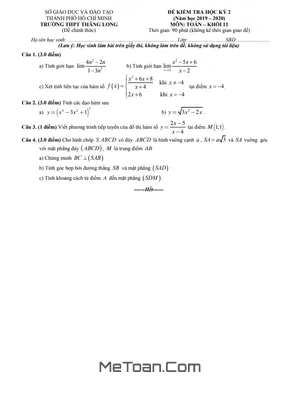 Đề thi học kì 2 Toán 11 năm 2019 - 2020 trường THPT Thăng Long - TP HCM
