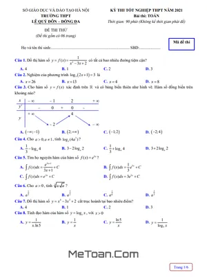 Đề Thi Thử Tốt Nghiệp THPT 2021 Môn Toán Trường THPT Lê Quý Đôn – Hà Nội