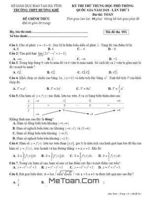 Đề Thi Thử Toán THPT Quốc Gia 2018 Trường THPT Hương Khê - Hà Tĩnh Lần 1 (Có Đáp Án)