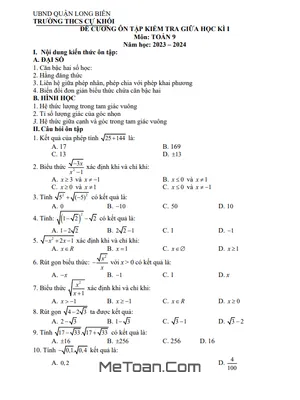 Đề Cương Ôn Tập Giữa Kỳ 1 Toán 9 Năm 2023-2024 Trường THCS Cự Khối - Hà Nội