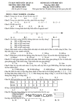 Đề Thi Học Kì 1 Toán Lớp 6 Năm 2022 - 2023 Trường THCS Phú Thọ - TP.HCM (Có Đáp Án)