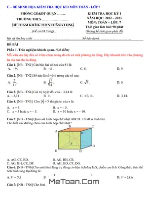 Đề Tham Khảo Học Kì 1 Toán 7 Năm 2022 - 2023 Trường THCS Thăng Long - TP HCM