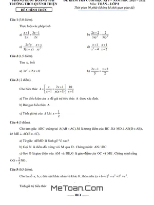 Đề Thi Cuối Học Kì 1 Toán 8 Năm 2021 - 2022 Trường THCS Quỳnh Thiện - Hà Nội
