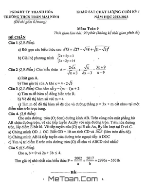Đề thi học kỳ 1 Toán 9 năm 2022 - 2023 trường THCS Trần Mai Ninh - Thanh Hóa