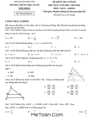 Đề Tham Khảo Cuối Kỳ 2 Toán 8 Năm 2023 - 2024 Phòng GD&ĐT Bình Tân - TP HCM