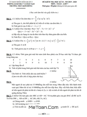 Đề thi học kì 2 Toán 7 năm 2019 - 2020 trường THCS Kim Đồng - TP HCM (có đáp án)