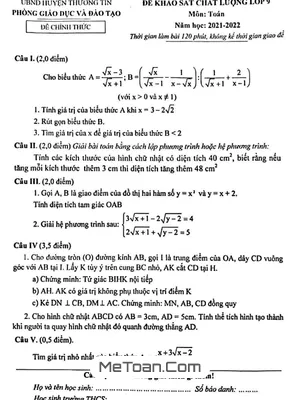 Đề khảo sát chất lượng Toán 9 năm 2021 - 2022 phòng GD&ĐT Thường Tín - Hà Nội