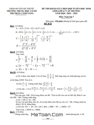 Đề khảo sát HSG Toán 7 năm 2022 - 2023 trường THCS Cành Nàng - Thanh Hóa