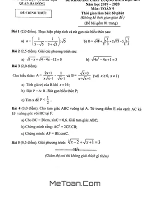 Đề khảo sát giữa học kì 1 Toán 9 năm 2019 - 2020 phòng GD&ĐT Hà Đông - Hà Nội