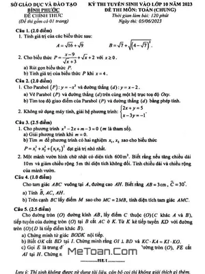 Đề thi tuyển sinh lớp 10 môn Toán (chung) năm 2023 - 2024 Sở GD&ĐT Bình Phước