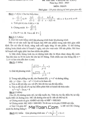 Đề thi thử Toán vào lớp 10 lần 2 năm 2022 - 2023 phòng GD&ĐT Quốc Oai - Hà Nội