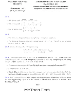 Đề thi vào lớp 10 chuyên Toán sở GD&ĐT Vĩnh Phúc năm học 2020 - 2021 (có lời giải)