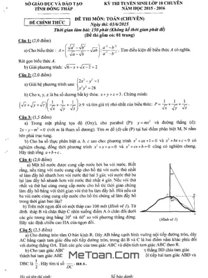 Đề thi tuyển sinh vào lớp 10 chuyên Toán - Sở GD&ĐT Đồng Tháp năm 2015-2016