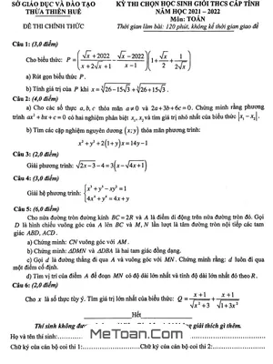 Đề thi học sinh giỏi tỉnh Toán THCS năm 2021 - 2022 sở GD&ĐT Thừa Thiên Huế