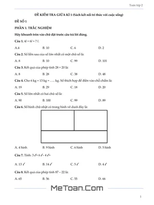 Bộ 5 Đề Ôn Luyện Thi Giữa Kỳ 1 Môn Toán Lớp 2 (Kết Nối Tri Thức)