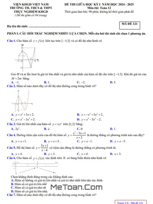 Đề Thi Giữa Kỳ 1 Toán 12 Năm 2024 - 2025 Trường Thực Nghiệm Khoa Học Giáo Dục - Hà Nội
