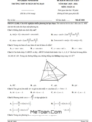 Đề Thi Giữa Kì 1 Toán 11 Năm 2025-2026 THPT B Trần Hưng Đạo - Ninh Bình (Có Đáp Án)