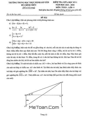 Đề thi giữa học kỳ 1 Toán 9 năm 2025 – 2026 trường Thực hành Sài Gòn – TP HCM