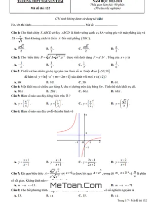 Đề Thi Cuối Kỳ 1 Toán 12 Năm 2023 - 2024 Trường THPT Nguyễn Trãi - Khánh Hòa