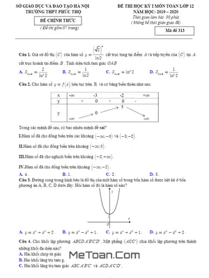 Đề thi học kỳ 1 Toán 12 năm 2019 - 2020 trường THPT Phúc Thọ - Hà Nội