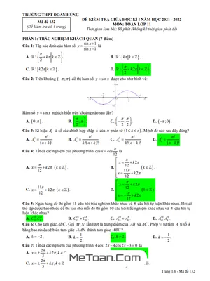 Đề thi giữa kì 1 Toán 11 năm 2021 - 2022 trường THPT Đoan Hùng - Phú Thọ