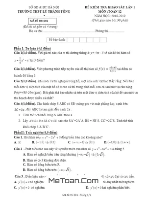 Đề kiểm tra khảo sát Toán 12 lần 1 năm 2018-2019 trường THPT Lý Thánh Tông - Hà Nội (có đáp án)