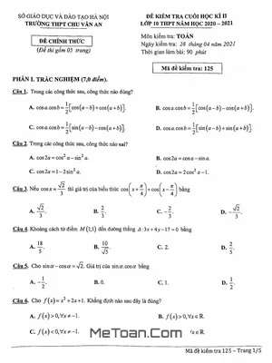 Đề thi cuối kì 2 Toán 10 năm 2020 - 2021 trường THPT Chu Văn An - Hà Nội