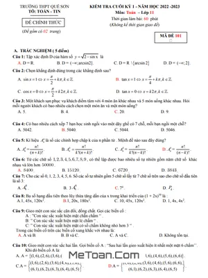 Đề Thi Học Kỳ 1 Toán 11 Năm 2022 - 2023 Trường THPT Quế Sơn - Quảng Nam (Có Đáp Án)