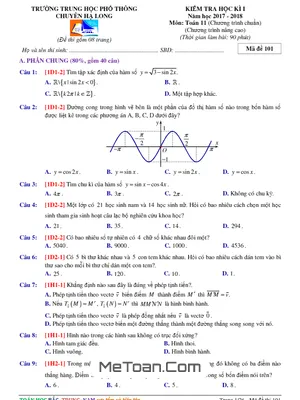 Đề thi HK1 Toán 11 năm học 2017 - 2018 trường THPT chuyên Hạ Long - Quảng Ninh (Có đáp án)