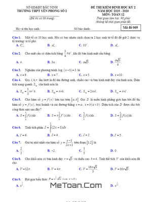 Đề thi học kỳ 2 môn Toán lớp 12 năm 2019 - 2020 trường THPT Yên Phong 2 - Bắc Ninh