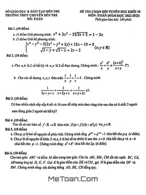 Đề Thi Chọn HSG Toán 10 Năm 2022 - 2023 Trường THPT Chuyên Bến Tre